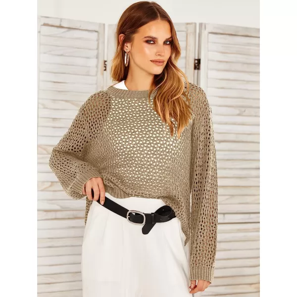 imageANRABESS Womens Crochet Cover Up Shirt Hollow Out Long Sleeve Beach Swimwaer Mesh Pullover Top 2023 Summer OutfitsKhaki