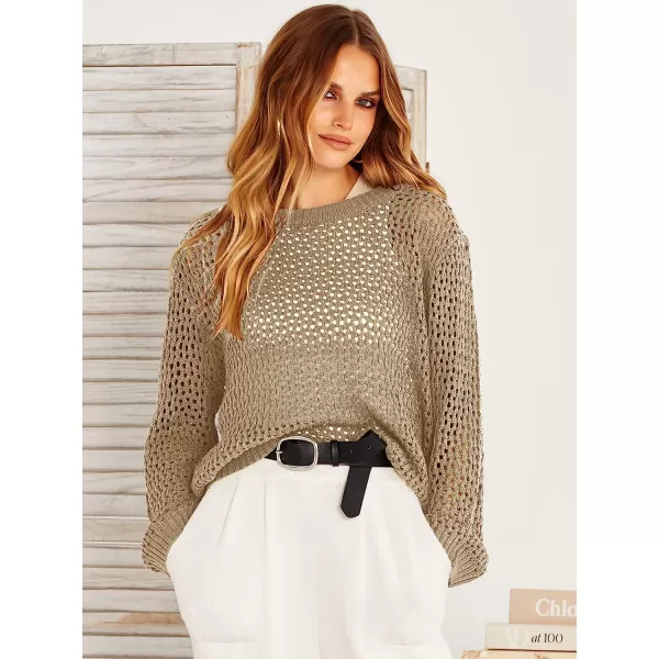 imageANRABESS Womens Crochet Cover Up Shirt Hollow Out Long Sleeve Beach Swimwaer Mesh Pullover Top 2023 Summer OutfitsKhaki