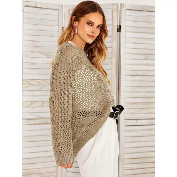 imageANRABESS Womens Crochet Cover Up Shirt Hollow Out Long Sleeve Beach Swimwaer Mesh Pullover Top 2023 Summer OutfitsKhaki