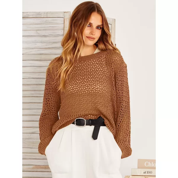 imageANRABESS Womens Crochet Cover Up Shirt Hollow Out Long Sleeve Beach Swimwaer Mesh Pullover Top 2023 Summer OutfitsLight Brown
