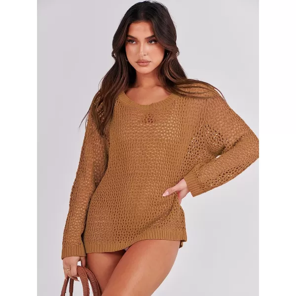 imageANRABESS Womens Crochet Cover Up Shirt Hollow Out Long Sleeve Beach Swimwaer Mesh Pullover Top 2023 Summer OutfitsLight Brown
