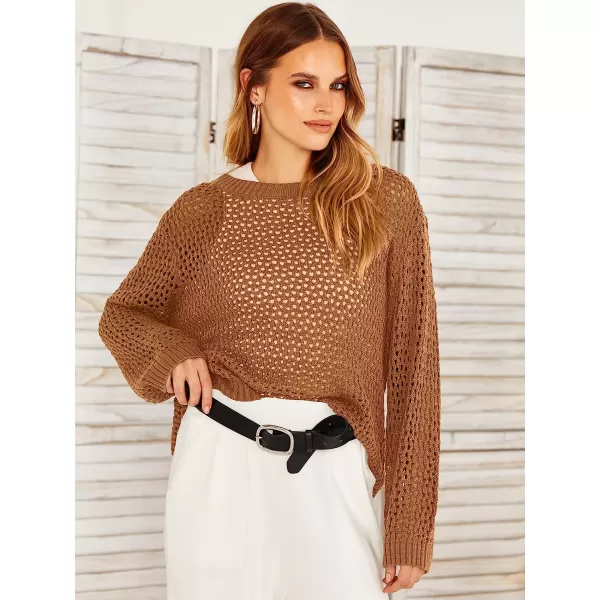 imageANRABESS Womens Crochet Cover Up Shirt Hollow Out Long Sleeve Beach Swimwaer Mesh Pullover Top 2023 Summer OutfitsLight Brown