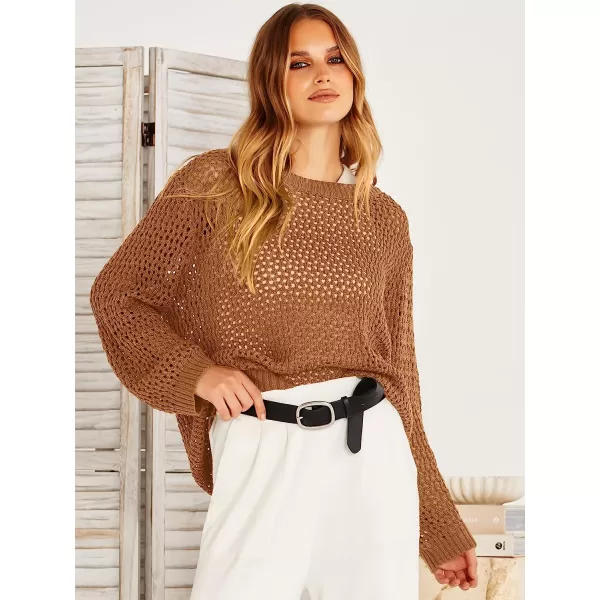 imageANRABESS Womens Crochet Cover Up Shirt Hollow Out Long Sleeve Beach Swimwaer Mesh Pullover Top 2023 Summer OutfitsLight Brown