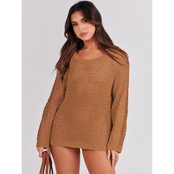 imageANRABESS Womens Crochet Cover Up Shirt Hollow Out Long Sleeve Beach Swimwaer Mesh Pullover Top 2023 Summer OutfitsLight Brown