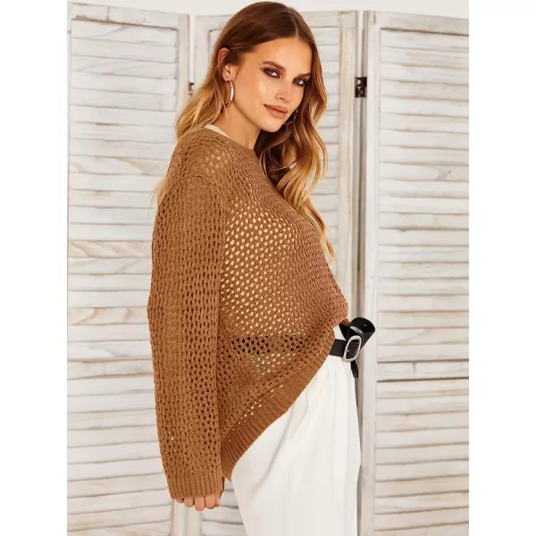 imageANRABESS Womens Crochet Cover Up Shirt Hollow Out Long Sleeve Beach Swimwaer Mesh Pullover Top 2023 Summer OutfitsLight Brown