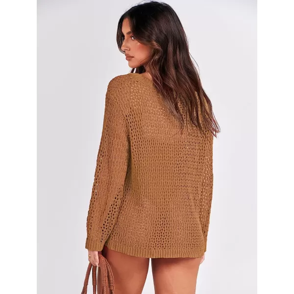 imageANRABESS Womens Crochet Cover Up Shirt Hollow Out Long Sleeve Beach Swimwaer Mesh Pullover Top 2023 Summer OutfitsLight Brown