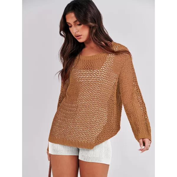 imageANRABESS Womens Crochet Cover Up Shirt Hollow Out Long Sleeve Beach Swimwaer Mesh Pullover Top 2023 Summer OutfitsLight Brown