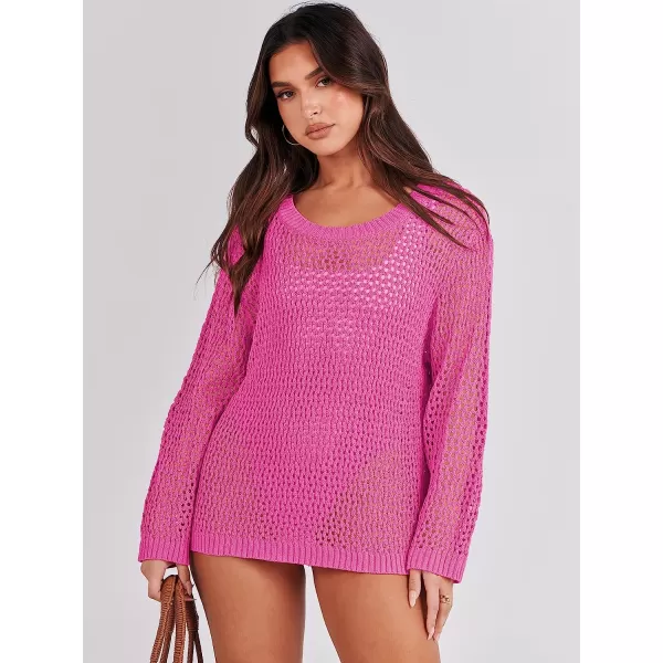 imageANRABESS Womens Crochet Cover Up Shirt Hollow Out Long Sleeve Beach Swimwaer Mesh Pullover Top 2023 Summer OutfitsPink