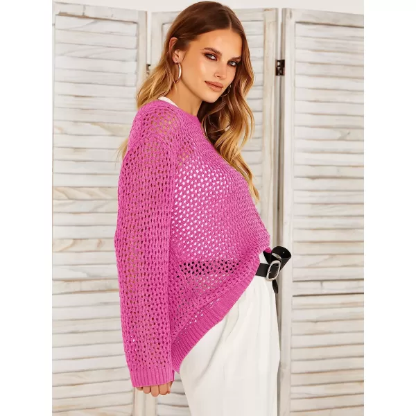 imageANRABESS Womens Crochet Cover Up Shirt Hollow Out Long Sleeve Beach Swimwaer Mesh Pullover Top 2023 Summer OutfitsPink