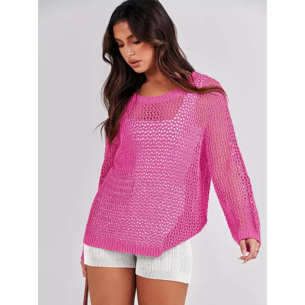 imageANRABESS Womens Crochet Cover Up Shirt Hollow Out Long Sleeve Beach Swimwaer Mesh Pullover Top 2023 Summer OutfitsPink