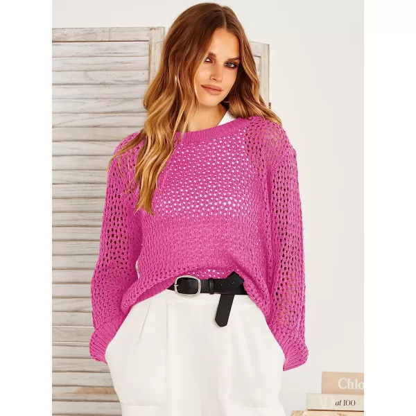 imageANRABESS Womens Crochet Cover Up Shirt Hollow Out Long Sleeve Beach Swimwaer Mesh Pullover Top 2023 Summer OutfitsPink