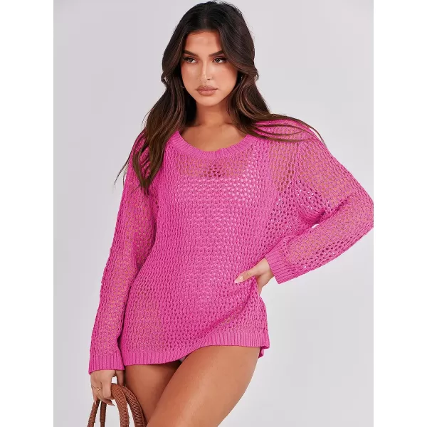 imageANRABESS Womens Crochet Cover Up Shirt Hollow Out Long Sleeve Beach Swimwaer Mesh Pullover Top 2023 Summer OutfitsPink