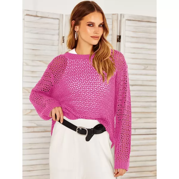 imageANRABESS Womens Crochet Cover Up Shirt Hollow Out Long Sleeve Beach Swimwaer Mesh Pullover Top 2023 Summer OutfitsPink