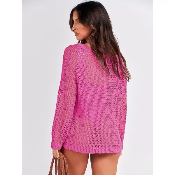 imageANRABESS Womens Crochet Cover Up Shirt Hollow Out Long Sleeve Beach Swimwaer Mesh Pullover Top 2023 Summer OutfitsPink