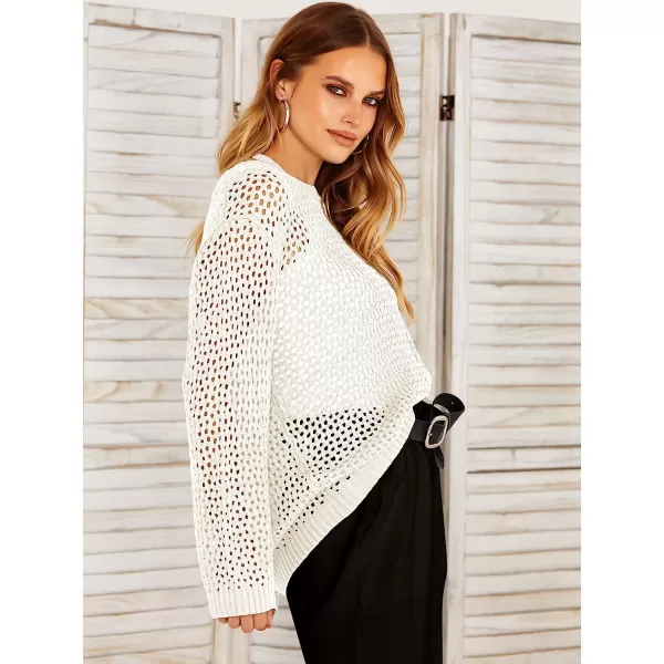 imageANRABESS Womens Crochet Cover Up Shirt Hollow Out Long Sleeve Beach Swimwaer Mesh Pullover Top 2023 Summer OutfitsWhite