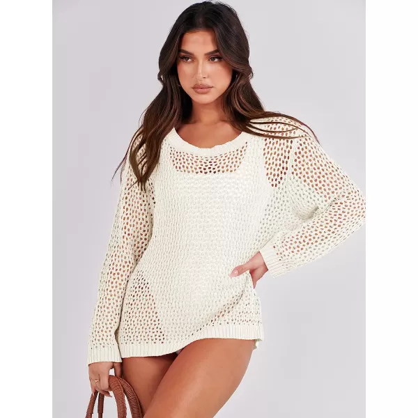 imageANRABESS Womens Crochet Cover Up Shirt Hollow Out Long Sleeve Beach Swimwaer Mesh Pullover Top 2023 Summer OutfitsWhite