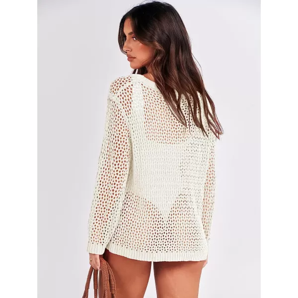 imageANRABESS Womens Crochet Cover Up Shirt Hollow Out Long Sleeve Beach Swimwaer Mesh Pullover Top 2023 Summer OutfitsWhite
