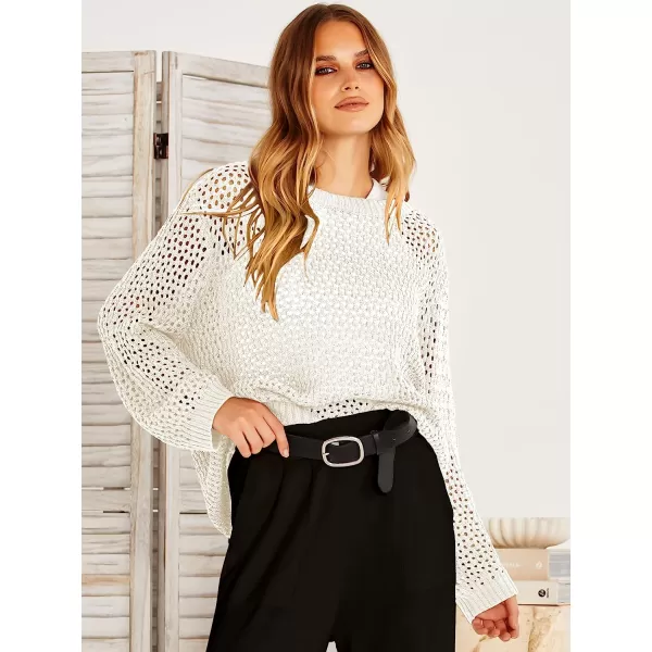 imageANRABESS Womens Crochet Cover Up Shirt Hollow Out Long Sleeve Beach Swimwaer Mesh Pullover Top 2023 Summer OutfitsWhite