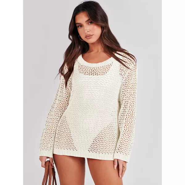 imageANRABESS Womens Crochet Cover Up Shirt Hollow Out Long Sleeve Beach Swimwaer Mesh Pullover Top 2023 Summer OutfitsWhite