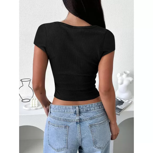imageANRABESS Womens Crop Tops Slim Fit Short Sleeve Square Neck Basic Tees Going Out Ribbed Tight T ShirtsBlack