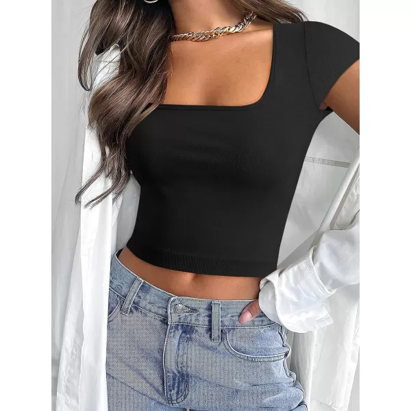 imageANRABESS Womens Crop Tops Slim Fit Short Sleeve Square Neck Basic Tees Going Out Ribbed Tight T ShirtsBlack