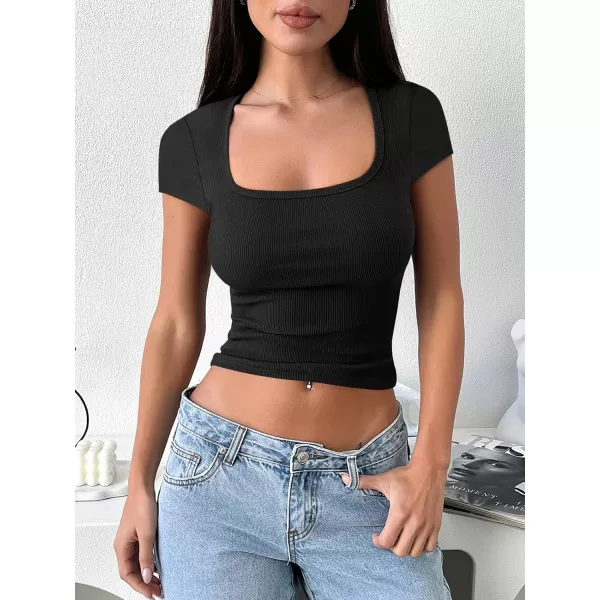 imageANRABESS Womens Crop Tops Slim Fit Short Sleeve Square Neck Basic Tees Going Out Ribbed Tight T ShirtsBlack