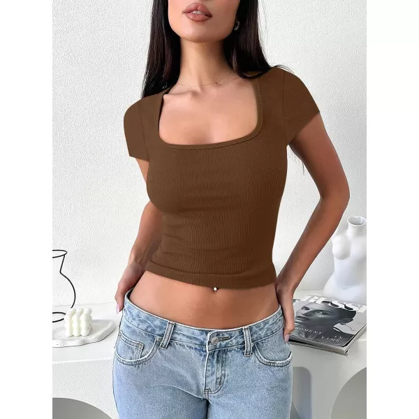 imageANRABESS Womens Crop Tops Slim Fit Short Sleeve Square Neck Basic Tees Going Out Ribbed Tight T ShirtsBrown
