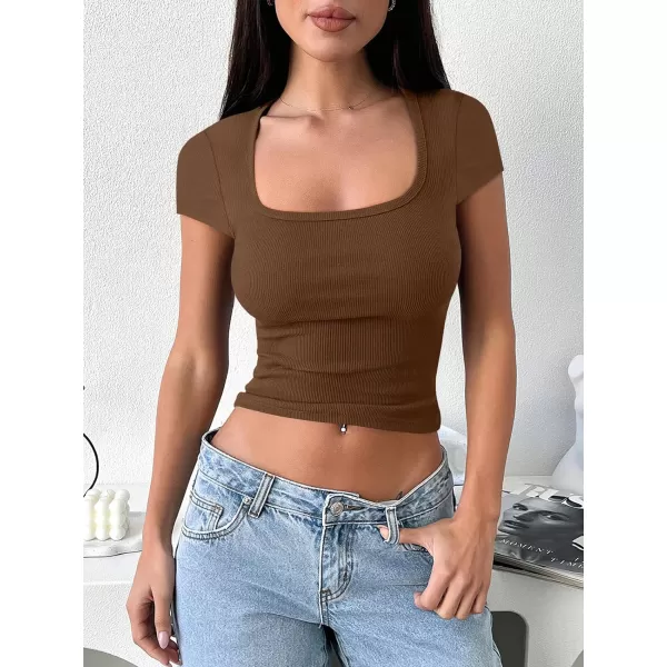 imageANRABESS Womens Crop Tops Slim Fit Short Sleeve Square Neck Basic Tees Going Out Ribbed Tight T ShirtsBrown