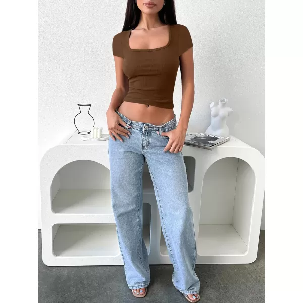 imageANRABESS Womens Crop Tops Slim Fit Short Sleeve Square Neck Basic Tees Going Out Ribbed Tight T ShirtsBrown