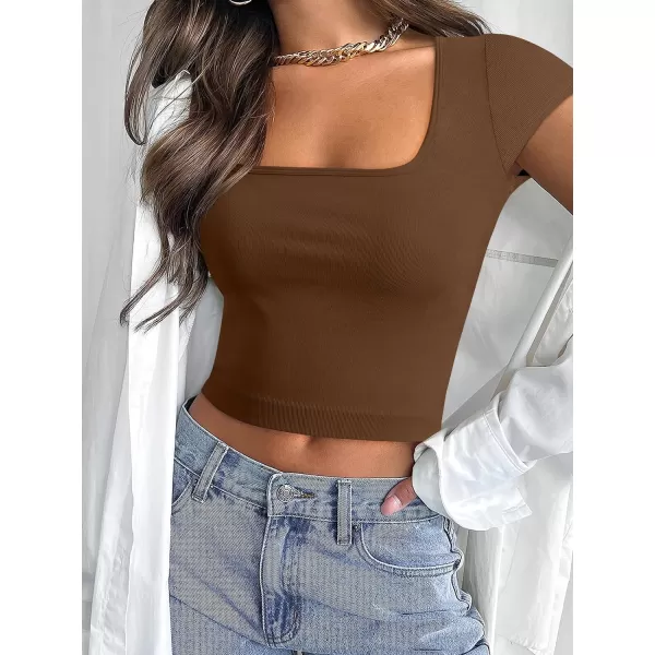 imageANRABESS Womens Crop Tops Slim Fit Short Sleeve Square Neck Basic Tees Going Out Ribbed Tight T ShirtsBrown