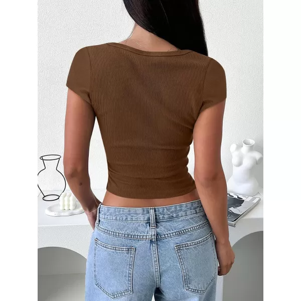 imageANRABESS Womens Crop Tops Slim Fit Short Sleeve Square Neck Basic Tees Going Out Ribbed Tight T ShirtsBrown