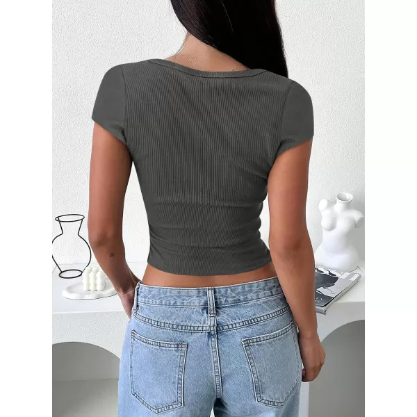 imageANRABESS Womens Crop Tops Slim Fit Short Sleeve Square Neck Basic Tees Going Out Ribbed Tight T ShirtsGrey