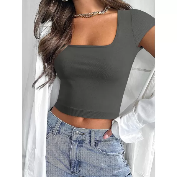 imageANRABESS Womens Crop Tops Slim Fit Short Sleeve Square Neck Basic Tees Going Out Ribbed Tight T ShirtsGrey