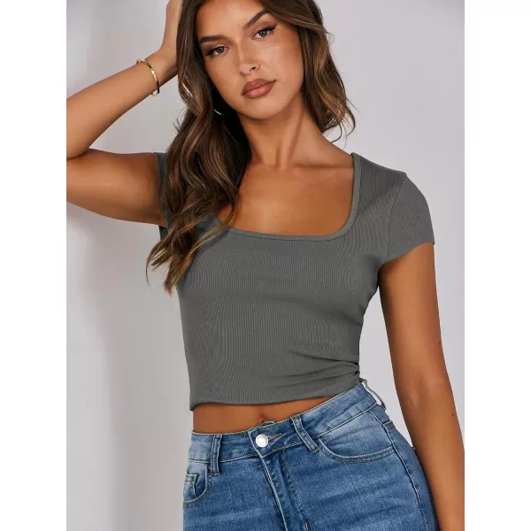 imageANRABESS Womens Crop Tops Slim Fit Short Sleeve Square Neck Basic Tees Going Out Ribbed Tight T ShirtsGrey