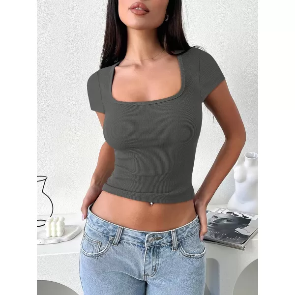 imageANRABESS Womens Crop Tops Slim Fit Short Sleeve Square Neck Basic Tees Going Out Ribbed Tight T ShirtsGrey