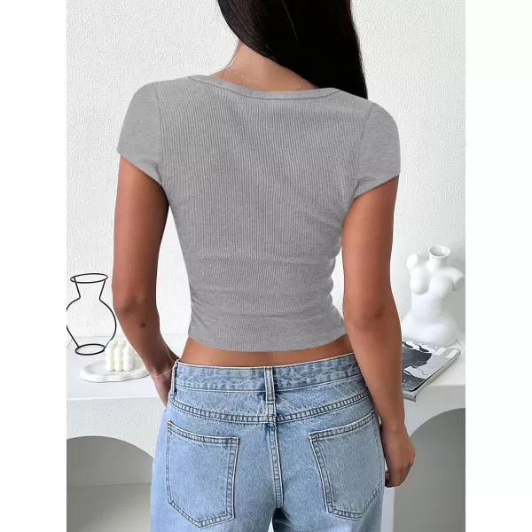 imageANRABESS Womens Crop Tops Slim Fit Short Sleeve Square Neck Basic Tees Going Out Ribbed Tight T ShirtsLight Grey