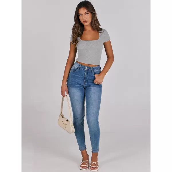 imageANRABESS Womens Crop Tops Slim Fit Short Sleeve Square Neck Basic Tees Going Out Ribbed Tight T ShirtsLight Grey