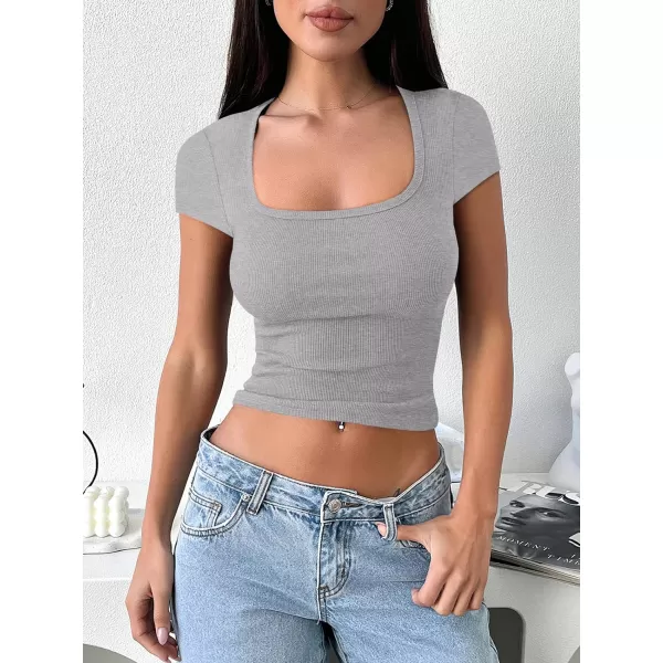imageANRABESS Womens Crop Tops Slim Fit Short Sleeve Square Neck Basic Tees Going Out Ribbed Tight T ShirtsLight Grey