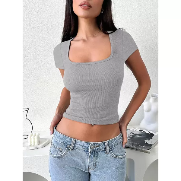 imageANRABESS Womens Crop Tops Slim Fit Short Sleeve Square Neck Basic Tees Going Out Ribbed Tight T ShirtsLight Grey