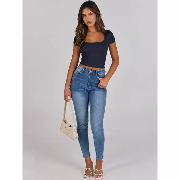 imageANRABESS Womens Crop Tops Slim Fit Short Sleeve Square Neck Basic Tees Going Out Ribbed Tight T ShirtsNavy Blue