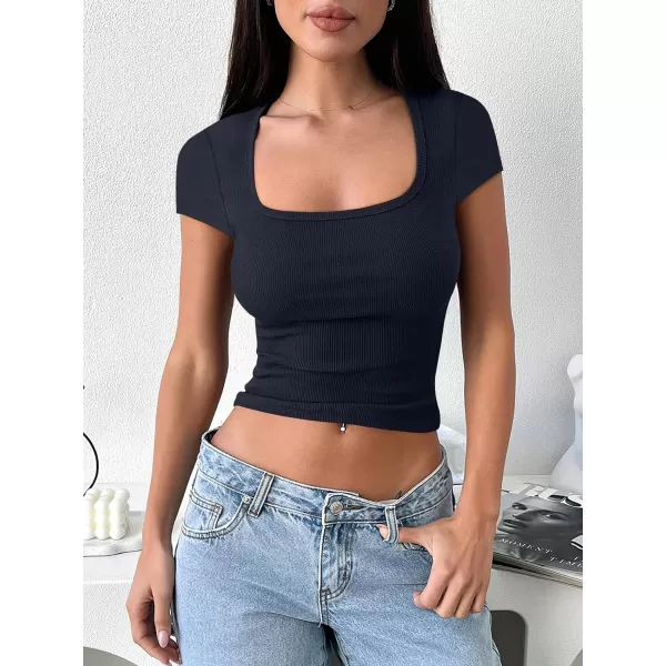 imageANRABESS Womens Crop Tops Slim Fit Short Sleeve Square Neck Basic Tees Going Out Ribbed Tight T ShirtsNavy Blue