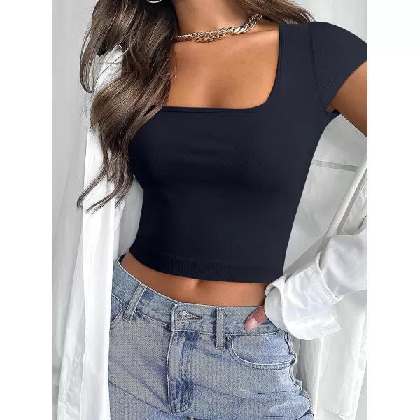 imageANRABESS Womens Crop Tops Slim Fit Short Sleeve Square Neck Basic Tees Going Out Ribbed Tight T ShirtsNavy Blue
