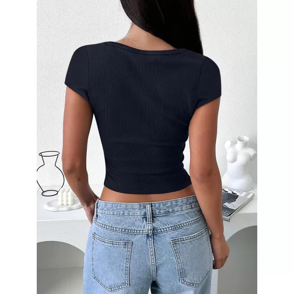 imageANRABESS Womens Crop Tops Slim Fit Short Sleeve Square Neck Basic Tees Going Out Ribbed Tight T ShirtsNavy Blue