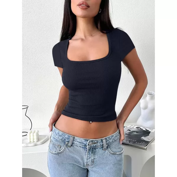 imageANRABESS Womens Crop Tops Slim Fit Short Sleeve Square Neck Basic Tees Going Out Ribbed Tight T ShirtsNavy Blue
