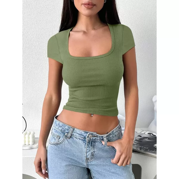imageANRABESS Womens Crop Tops Slim Fit Short Sleeve Square Neck Basic Tees Going Out Ribbed Tight T ShirtsPea