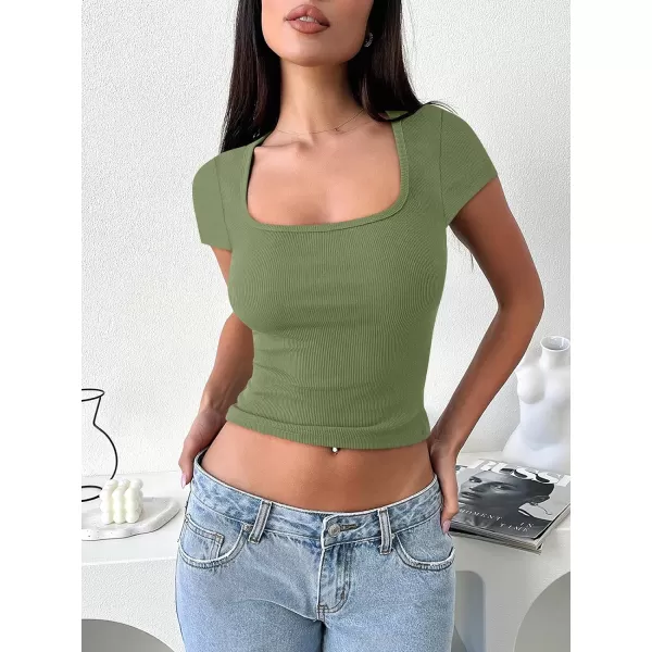 imageANRABESS Womens Crop Tops Slim Fit Short Sleeve Square Neck Basic Tees Going Out Ribbed Tight T ShirtsPea