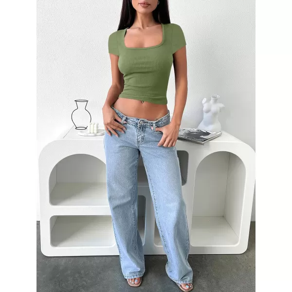 imageANRABESS Womens Crop Tops Slim Fit Short Sleeve Square Neck Basic Tees Going Out Ribbed Tight T ShirtsPea