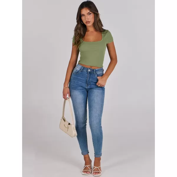 imageANRABESS Womens Crop Tops Slim Fit Short Sleeve Square Neck Basic Tees Going Out Ribbed Tight T ShirtsPea