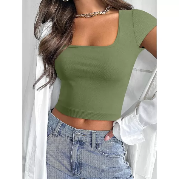 imageANRABESS Womens Crop Tops Slim Fit Short Sleeve Square Neck Basic Tees Going Out Ribbed Tight T ShirtsPea