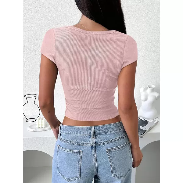 imageANRABESS Womens Crop Tops Slim Fit Short Sleeve Square Neck Basic Tees Going Out Ribbed Tight T ShirtsPink